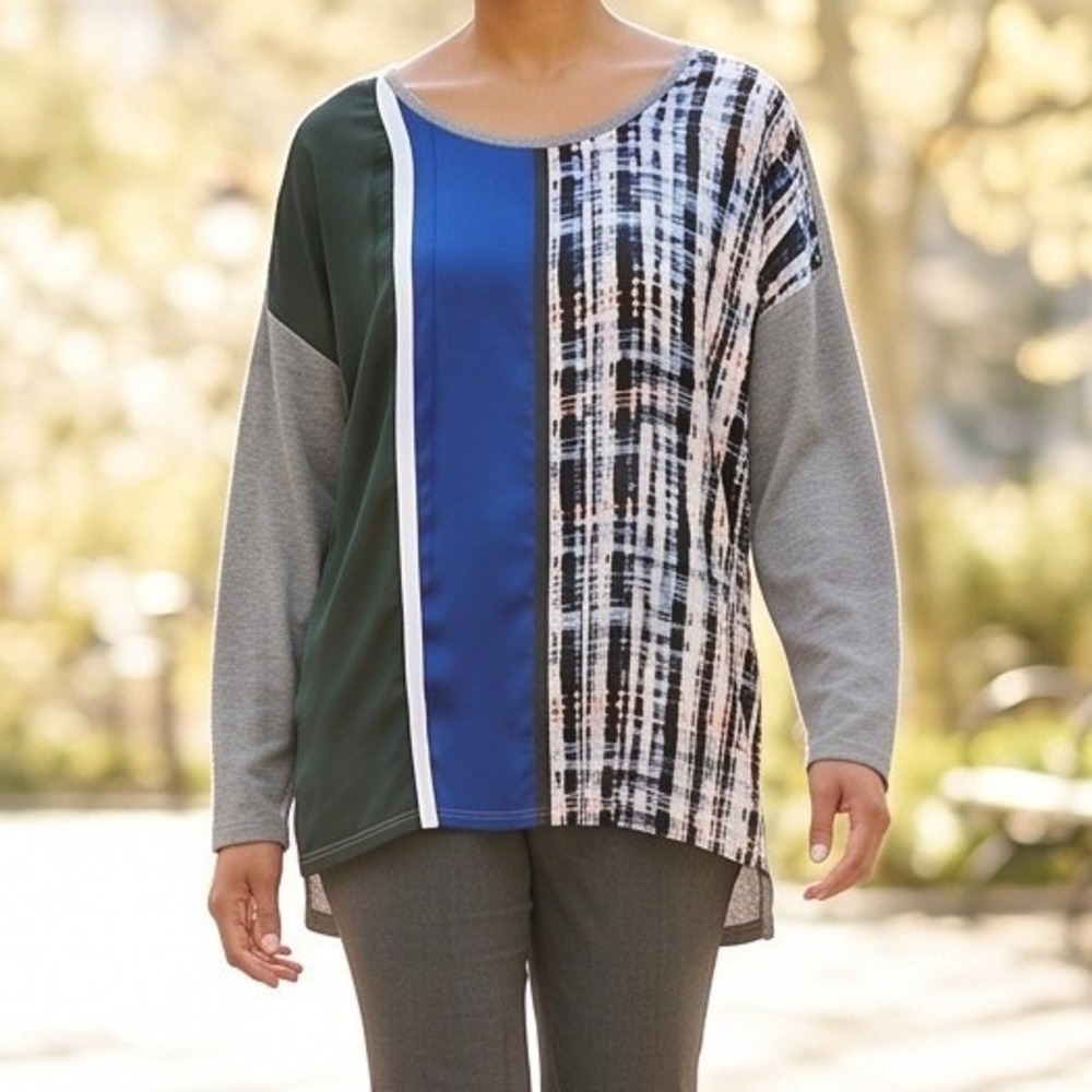 Lane Bryant 18/20 Colorblock Mixed Media Tunic Top Blue Green Gray Plaid 1X